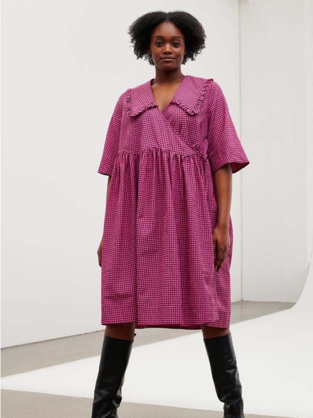 Ganni Pink & Black Gingham Ruffle Collar Dress L/XL